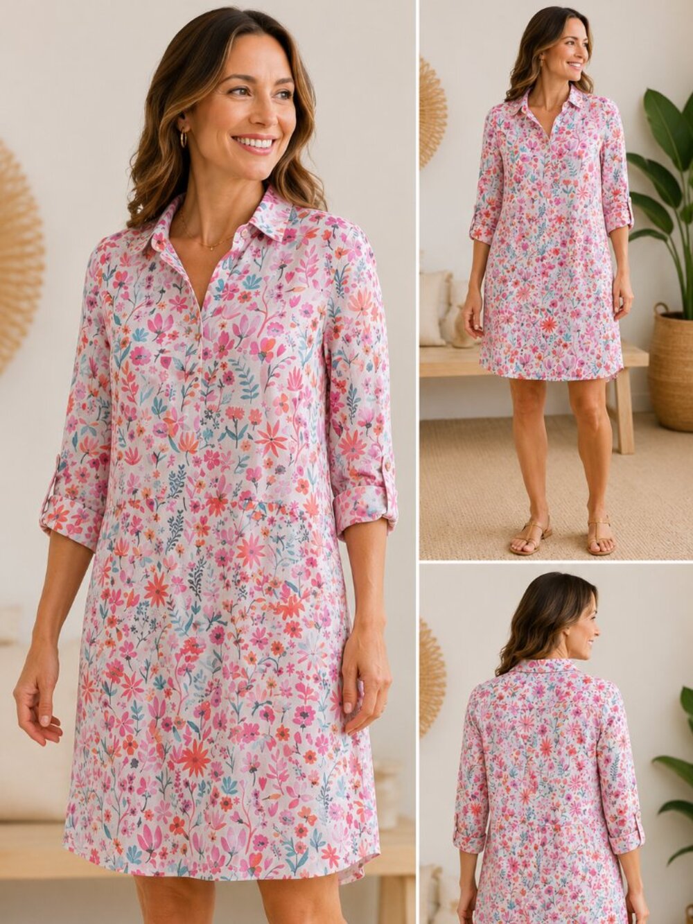 Hatley NWOT 100% Linen Floral Shirt Dress Tunic Medium Pink Botanical Cover Up
